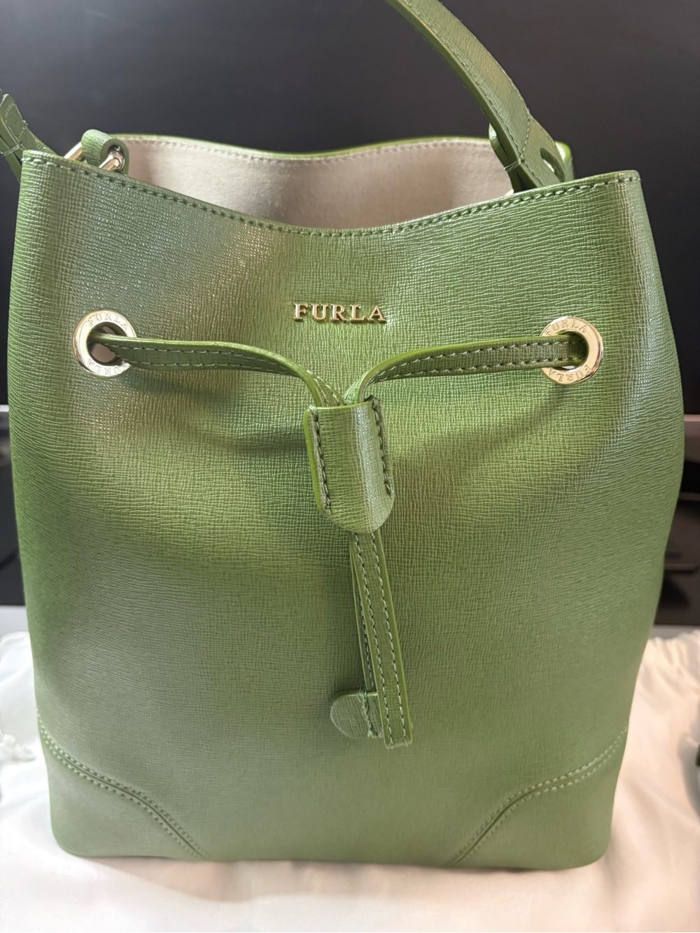 Furla Green Leather Drawstring Bucket Bag